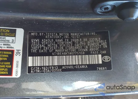 2008 Toyota Camry Le z USA, uszkodzony, nr VIN 4T1BE46K58U775159